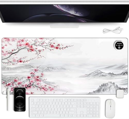 Heated Desk Pad, Large PU Leather Office Desk Mat with 3 Levels Heating, Gaming Mouse Pad, 23.6 x 14.2 Non-Slip Heated Keyboard Pad, Foot Warmer Pad for Game Office & Home, Japanese Cherry Blossom