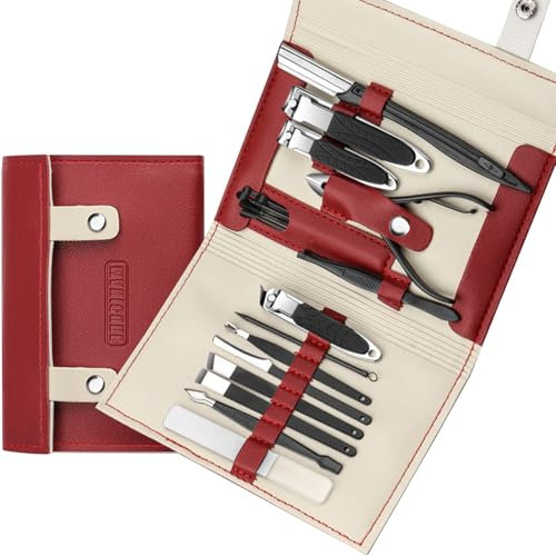 XMOSNZ Manicure Set Professional Pedicure Kit Nail Care Tools 19 in 1 Stainless Steel Nail Clippers Tools Mens Grooming Kit with Leather Travel Case (Red)