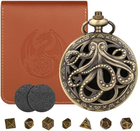 Mini DND Würfel Set Steampunk Hohl Oktopus Taschenuhr Schale Hülle, 7-teilige Polyedrische Metall D&D Würfelset, DND Geschenke mit Lederbeutel, Rollenspiele-Brettspiel Zubehör Würfel, Bronze