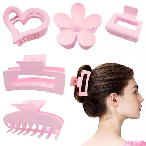 5 pièces pinces à cheveux pour femmes, grande pince à cheveux rose, pince à griffes de cheveux mate rectangulaire, pince à cheveux de style fleur en forme de coeur carré, pince à cheveux