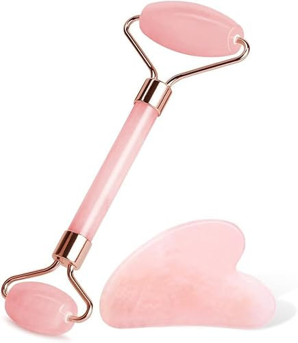 Zhenghebuy Gua Sha et Rouleau de Jade Outil,Gua Sha Quartz Rose Corps,Jade Roller Visage et Gua Sha Masseur,Massage Visage pour Anti-âge,Anti-rides