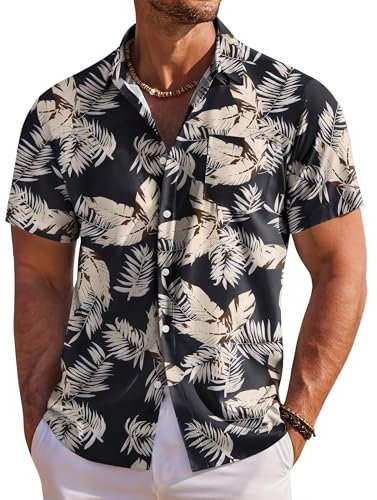 COOFANDY Men's Hawaiian Shirt Short Sleeve Floral Shirts Summer Shirts for Men Tropical Holiday Beach Shirts Black Leaf S
