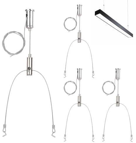 4 Stück Seilaufhängung Drahtseil, Verstellbar Länge Aufhängung Stahlseil, Draht Seil für LED, Panel, Lampen, Aquarium Licht, Dekorative Platte Seilabhängung Einbau (Silber)