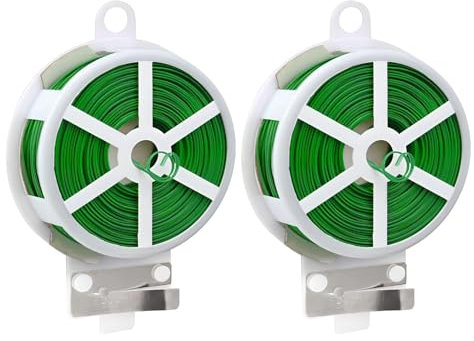 Filo da Giardino con Taglierina – 2 Rotoli da 50m Twist Tie per Piante, Filo Plastificato per Orto, Supporto Rami, Fiori, Cavi, Sacchetti – Verde