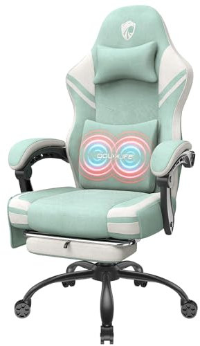 Douxlife Sedia Gaming Ergonomica, Sedia da Ufficio in Tessuto High-Tech,con cuscino primaverile, con Cuscino Lombare Massaggiante, Piedini metallici e Borsa Portaoggetti, Portata 158kg, Verde