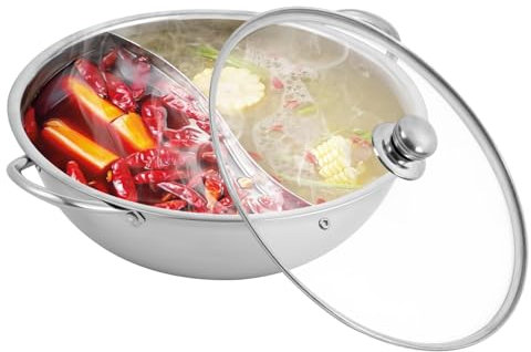 RjcdOPL Pentola a due scomparti in acciaio inox, pentola per fonduta con coperchio in vetro, grande apertura 28 cm, ideale per case, hotel, ristoranti