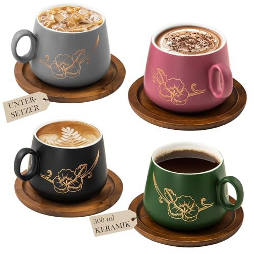 Yundu Set di 4 tazze da cappuccino in ceramica opaca, 300 ml, con sottobicchieri in legno e fiori dorati, set di tazze da caffè con piattino per latte art, tazze da caffè e tè