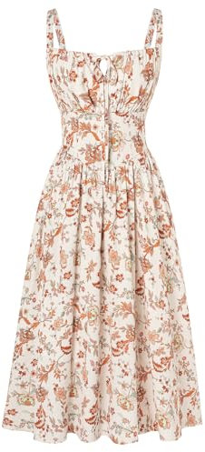 SCARLET DARKNESS Summer Floral Corset Sun Dress Strap Square Neck Midi Spaghetti Dresses for Women UK Orange Boho Floral M