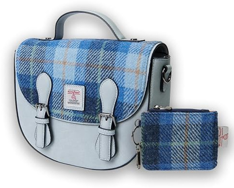 Islander Set von Harris Tweed Mini Cobble Satchel & Card Zip Wallet Geschenkidee, Blue Tartan