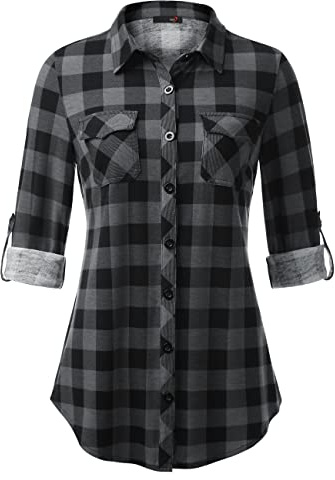 DJT Womens Soft Stretchy Knit Checked Shirts Roll Up Long Sleeve Button Down Collared Ladies Blouses Work Tops