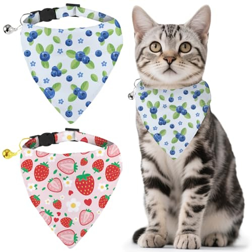 GLOBLELAND 2er Set Obst Katzenhalsband 2in1 abnehmbarem Bandana Glocke | Erdbeere Blaubeere Bandana Katzenhalsband 25-30 cm Bandana 9,5–10 cm für Kitten Katzen und kleine Hunde