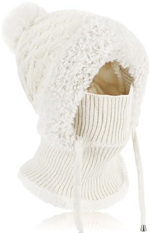 AYPOW Winter Mütze Damen mit Schal Gesichtsmaske, Thermo Strickmütze Balaclava mit Warme Fleecefutter Pompon, Weiches Dicke Beanie WintermüTZE Kapuzenschal Skimütze Hut für Outdoor