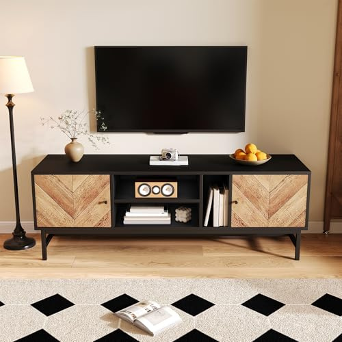 XQJLSL TV-Schrank Kontrastdesign mit 2 Türen Horizontalen und Vertikalen Fächern TV-Ständer für Wohnzimmer Schlafzimmer Unterschrank TV Möbel Tisch Sideboard Schwarz