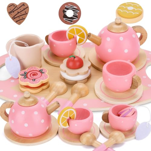 Service à Thé pour Enfants,Service à Thé Jouets,Services à thé en Bois,Accessoires de Cuisine,Jeux de Rôle,Anniversaire Cadeau pour Enfant Filles Garçons 3 4 5 6 Ans-Pois Roses