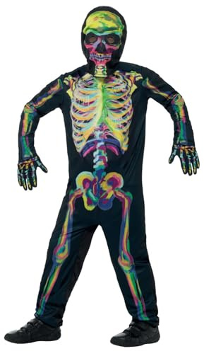 Smiffys Glow in the Dark Skeleton Costume, Multi-Coloured with Bodysuit, Mask & Gloves, Halloween Child Fancy Dress, Skeleton Dress Up Costumes