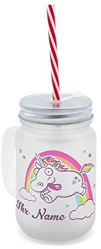 printplanet® - Trinkglas mit Henkel und Strohhalm - personalisiert mit Namen - Motiv Verrücktes Einhorn - Henkel-Glas satiniert mit Deckel und Mehrweg-Trinkhalm