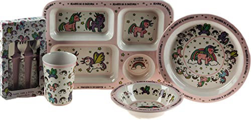 LP Pink Unicorn 5 Piece Melamine Kid's Dinner Set - Plate, Bowl, Tray, Cup, Metal Cutlery*