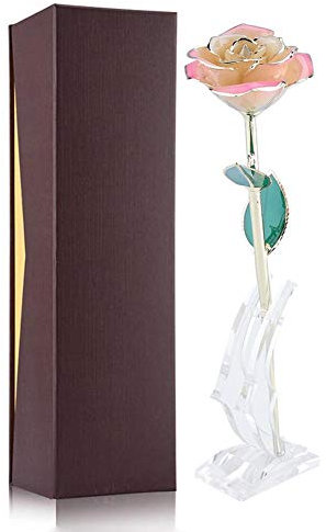 FILFEEL 24K Gold Rose, Dipped Flower Gift for Her Made of Fresh Rose, Last Forever Mother's/Thanksgiving/Christmas/Valentine's/Birthdays Party/Graduations/Weddings (White + Pink)