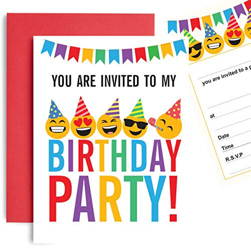TBS Einladungskarten für Kindergeburtstag – lustige Emoji-Einladungen – A6 Postkarten-Größe fertig zum Schreiben (10 Stück)