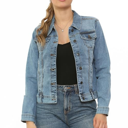 NOROZE Women's jackets Casual Classic Vintage Cropped Denim Jackets Women Summer Trucker Biker Fitted Vintage Light Wash Collar Jean Jacket (10, Vintage Wash Light Blue)