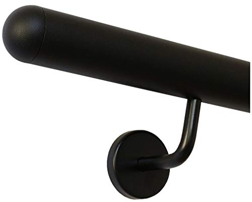 TIBU Handlauf Schwarz pulverbeschichtet V2A Edelstahl Geländer innen außen wetterfest beständig 60 cm mit 2 Halter und halbrunde Kappe