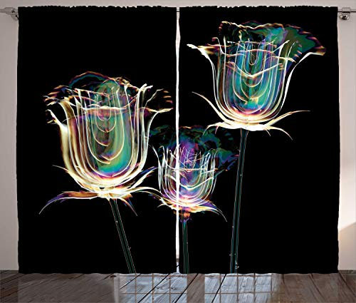 ABAKUHAUS Fiori Tenda, Bolla di Sapone Sguardo Roses Art, Lavabile Non Sbiadisce Due Pannelli Set, 280 x 225 cm, Charcoal Grigio Multicolore