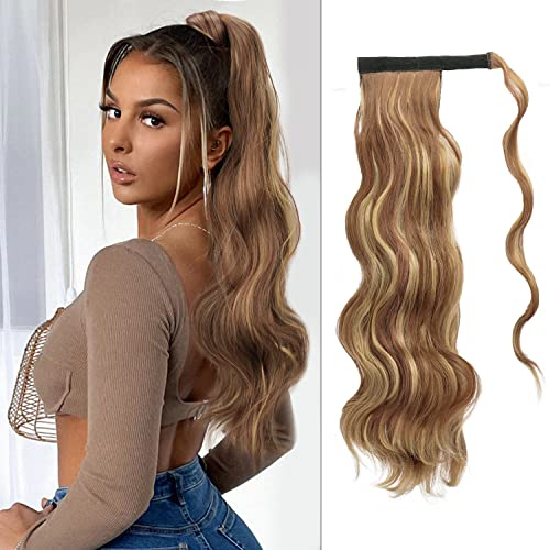 FESHFEN Zopf Pferdeschwanz Haare Extensions Lang Wellig Lockig Clip in Ponytail Synthetik Haarzopf Haarverlängerung Haarteil für Damen, Braun & Blond 60 cm