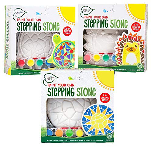 Creative Roots Mosaic Turtle, Hedgehog, & Sun - 3-Pack 7-Inch Ceramic Stepping Stones & 6 Vibrant Paints, Paint Your Own DIY Stepping Stones for Kids Ages 8+