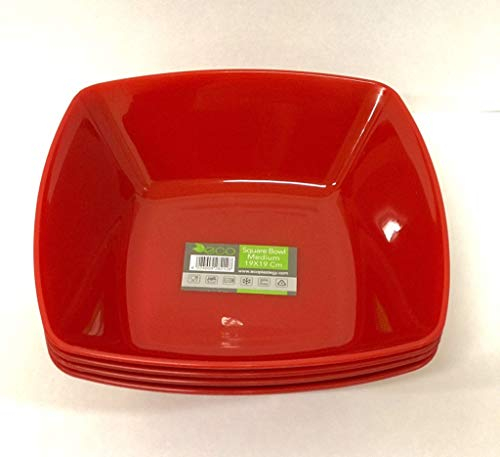 ECO Durable Medium Plastic Square Bowls Set of 4 | 19cm x 19cm – Cereal Bowl for Kids | Reusable Square Bowl for Parties | BPA-Free Stackable Serving Bowls (Red, Medium 19x19cm)