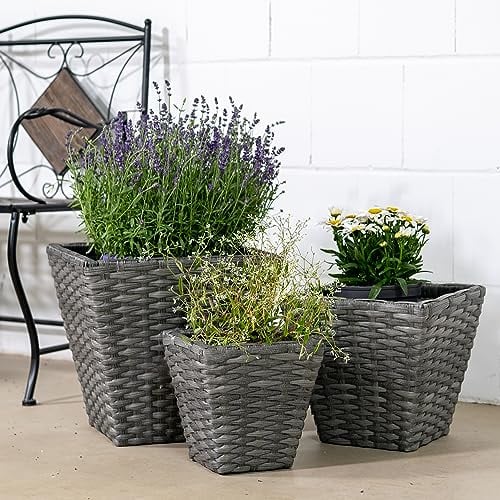 DARO DEKO Rattan Blumentopf eckig S, M und L - 3 Stück anthrazit