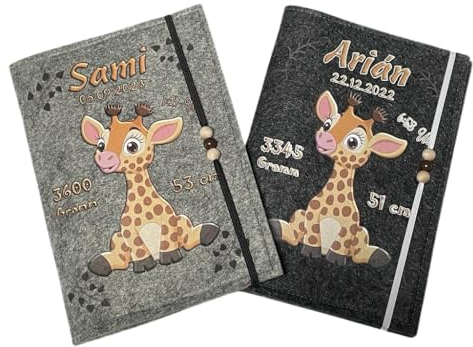 U Heft Hülle und Impfpass aus Filz - Personalisiert mit Namen - Untersuchungsheft Schutzhülle - Babygeschenke zur Geburt - Kinderuntersuchungsheft Mädchen und Junge - Giraffe