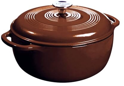 Lodge 6 Quart Enameled Cast Iron Dutch Oven with Lid – Dual Handles – Oven Safe up to 500° F or on Stovetop - Use to Marinate, Cook, Bake, Refrigerate and Serve – Burnt Sienna