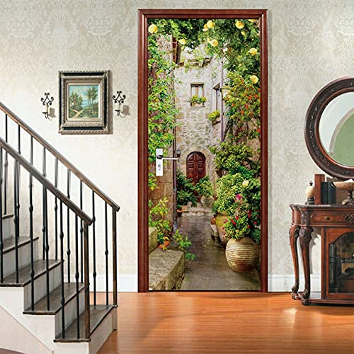 A.Monamour Türtapete Selbstklebend Türfolie Türposter 3D Alter Steinhauseingang des Italienischen Hofs Mit Grünpflanzen Blumen Vinyl Folie Türdeko Tapete Wandbild Türaufkleber Türtattoo 85 x 200 cm