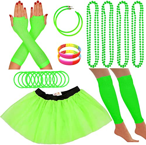 80s Fancy Dress Neon Accessories Tutu Party Costume, Adult Leg Warmers, Fishnet Gloves, 1980s Style Necklace Beads, Neon Hoop Earrings, Gummy Bracelets Womens Hen Party Rave Outfit (Green)