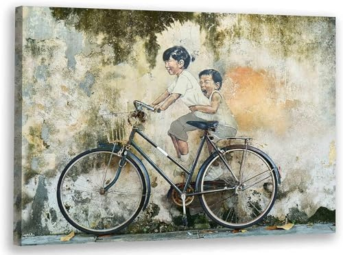 Banksy - Bilder Leinwandbild Kunstdruck Glückliche kinder mit Fahrrad/Wanddekoration für Wohnzimmer/Wand Bild fertig zum aufhängen (20x30 cm)