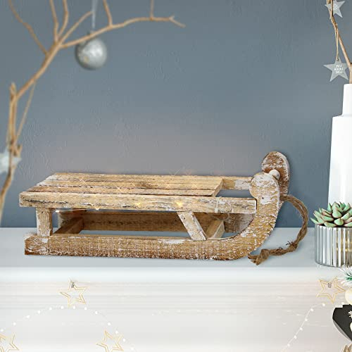 ECD Germany Deko Schlitten aus Holz mit 25 Warmweißen LEDs, 31,5x14,5x10,5 cm, Braun-Natur, Batterriebetrieben, Timer 6 Std., Schnur, Weihnachtsdeko Weihnachten Dekoration Dekoschlitten Holzschlitten