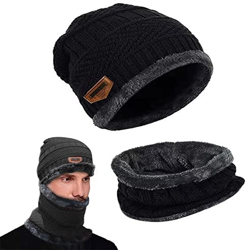 May Huang Wintermütze, Beanie Mütze und Schlauchschal, mit Fleecefutter Mütze Schal Sets, Wolle Strickmütze Wintermütze und Loop Schal für Herren und Damen (Schwarz)