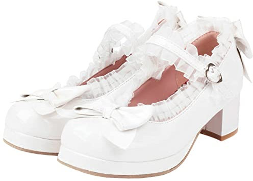 LUXMAX Damen Kawaii Mid Block Heel Mary Jane Rockabilly Pumps mit Schleife Plateau Chunky Heel Süße Süße Schuhe, Patentweiß, 40.5 EU
