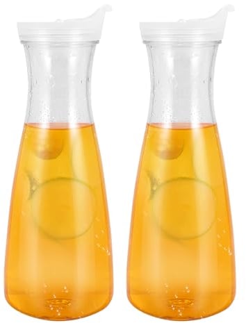 Juwacoo Lot de 2 carafes à eau en plastique de 1 l avec couvercle, carafe à eau de 1 l avec bec verseur, pichet à jus, thé glacé, bouteille d'eau réutilisable pour eau, café, lait, thé, jus, boissons,