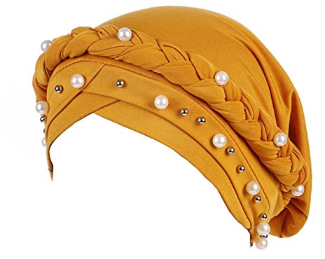 Unbekannt Turban Damen Muslim Mütze mit Stern Nietene und Strass Chemo Beanie Cap Kopfbedeckung Damen Hijab Perlen Zopf Turban Hut Kopftuch Krebs Bandana Headwrap Cap Gelb
