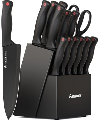Astercook 15 Piece Knife Set with Sharpener Block - German Stainless Steel, Dishwasher Safe Kitchen Knives with Built-In Sharpener, Black