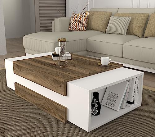 DORPEK Vedar Coffee Table White-Walnut, Center table with Open Storage Space, Rectanguler Chipboard Coffee Table, Living Room, Bedroom, Dining Room