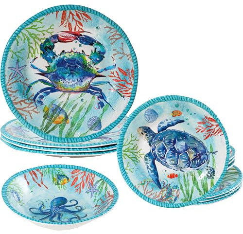 ZAROCRUS Coastal Dinnerware Sets, Ocean Theme Unbreakable Kitchen Plates and Bowls Set, Coastal Dishes Lightweight Dinnerware Set, RV and Camping dishes set for 4, Dishwasher Safe