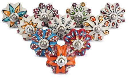 Ajuny Set of 10 Ceramic Knobs Multicolor Cupboard Drawer and Furniture Pulls Hand Painted for Kitchen Cabinets Bathroom Dresser Glossy Decorative Handles Pumpkin Knobs
