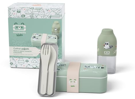monbento - Coffret Cadeau Enfant - avec Lunch box MB Foodie Raccoon, Gourde Enfant MB Positive S, couvert enfant MB Pocket Color - Idée Cadeau pour Enfant Pratique pour L'école - Raton Laveur