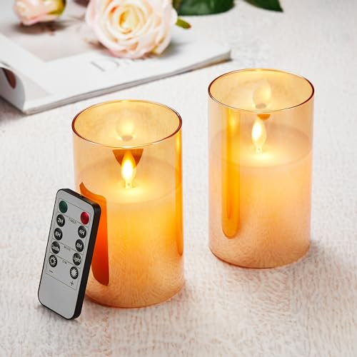 LED Kerzen【2 Stück】, Flammenlose Kerzen Flackern, LED Kerzen Flackernde Flamme mit Glas, LED Kerzen mit Fernbedienung, Echtwachssäule Kerzen, Batteriebetriebene Kerzen mit 24 Stunden Timer(15cm-Braun)