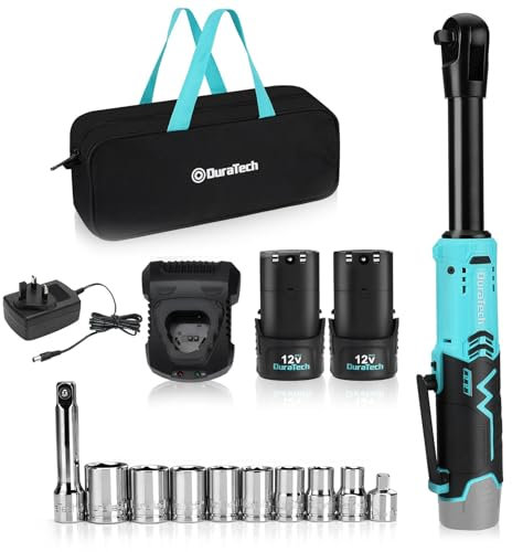 DURATECH 12V Extended Cordless Ratchet Wrench with Tool Bag, 3/8” Electric Cordless Ratchet, Torque 60N.m, 180RPM with LED Light Impact Gun, Electric Ratchet Wrench with Fast Charge &Canvas Bag
