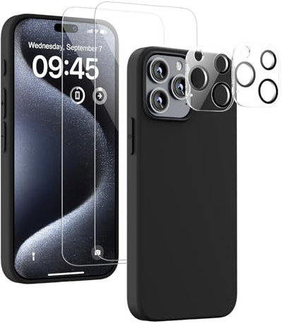 flintronic Silicone Case for iPhone 15 Pro, 5 in 1 6.1'' Shockproof Liquid Silicone Phone Cover, Full Body Protection, with 2 Screen Protector+2 Camera Protection, Soft-Touch, Anti-Shock