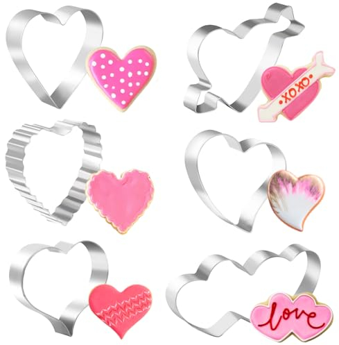 PTaizjjz Cortadores de galletas de corazón, 6 cortadores de galletas de San Valentín, cortadores de corazón de acero inoxidable, corazón, corazón con flecha, molde doble en forma de corazón para