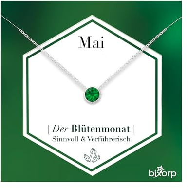 Bixorp Geburtsstein Halskette mit Zirkonia-Anhänger Mai - Edelstahlkette mit rundem Zirkonia-Kristall - Mai/Smaragd - Silber